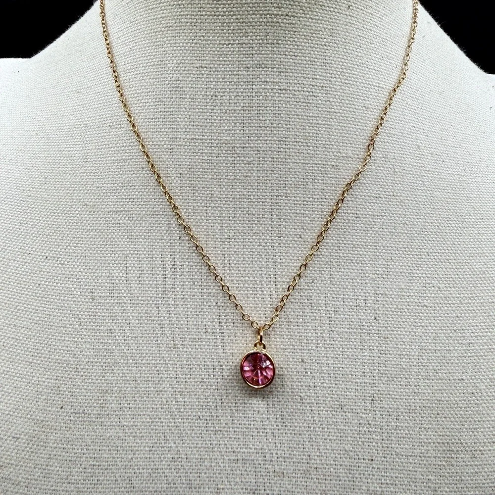 Gold Tone Pink Rhinestone Pendant Necklace Round Crystal Adjustable Chain Gift